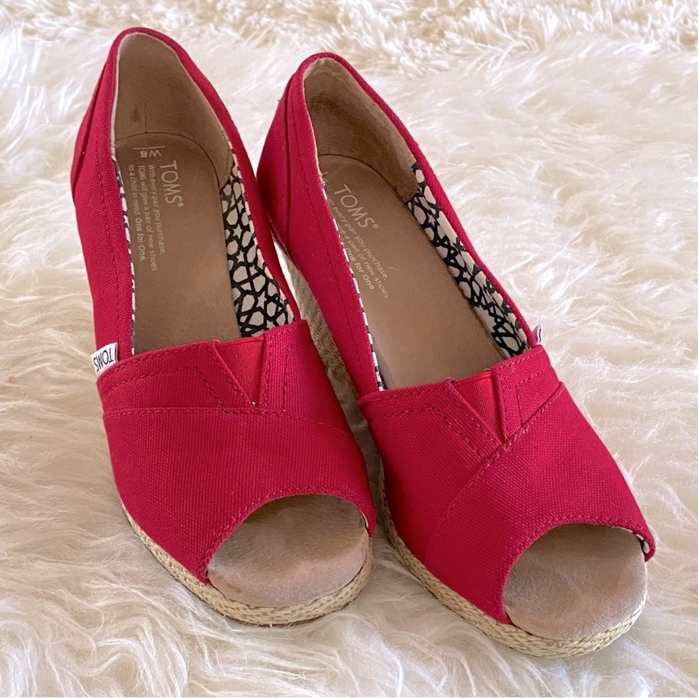 TOMS Red Canvas Espadrille Wedge Sandals, size 8